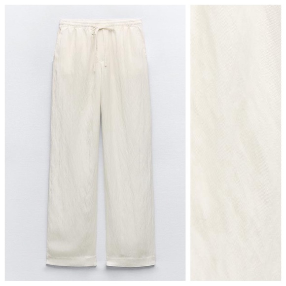 NWT. Zara Oyster-White Lyocell/Viscose Flowy Straight Leg Pants. Size L. - Picture 6 of 11